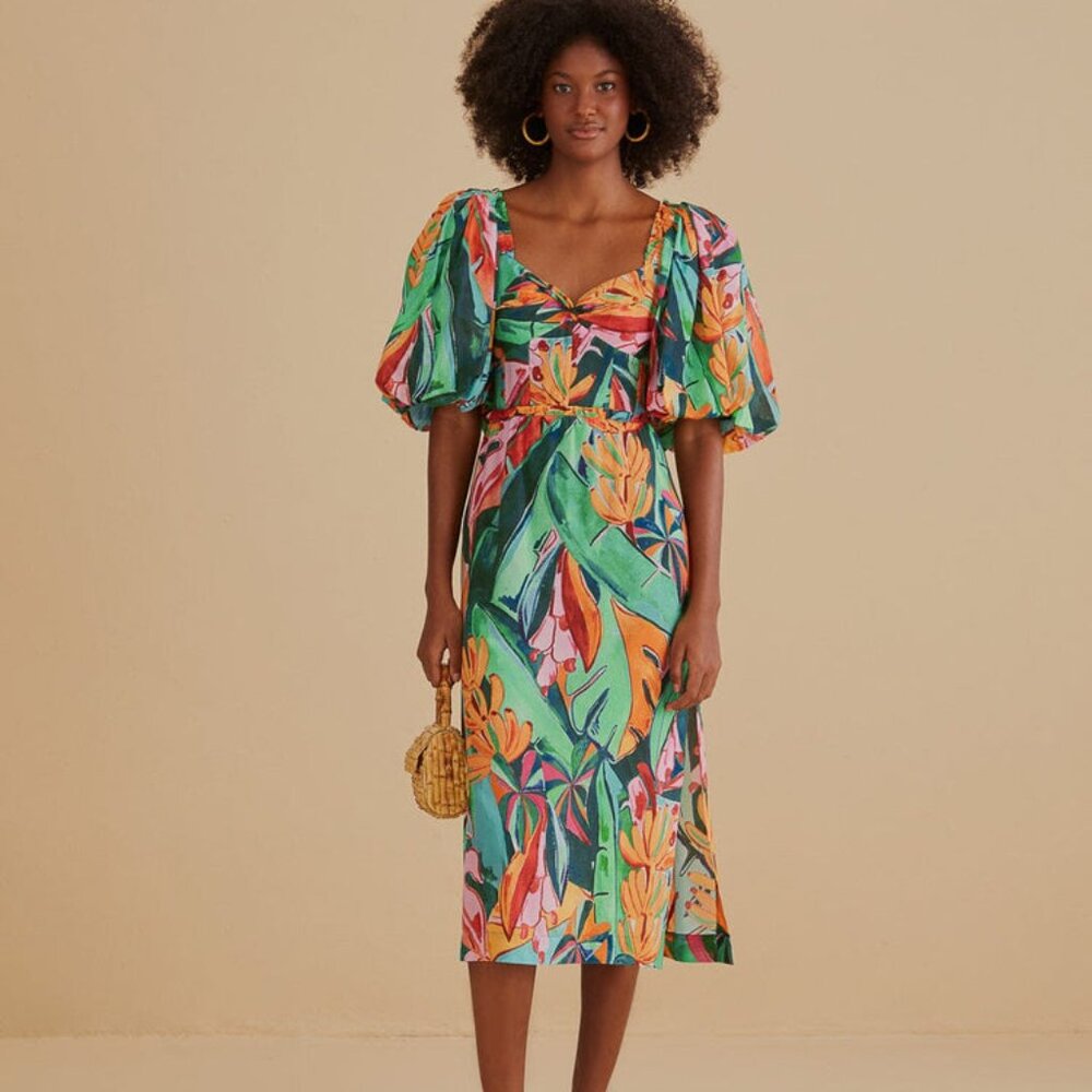 FARM Rio Green Tropical Print Midi Dress with Orange & Pink Accents